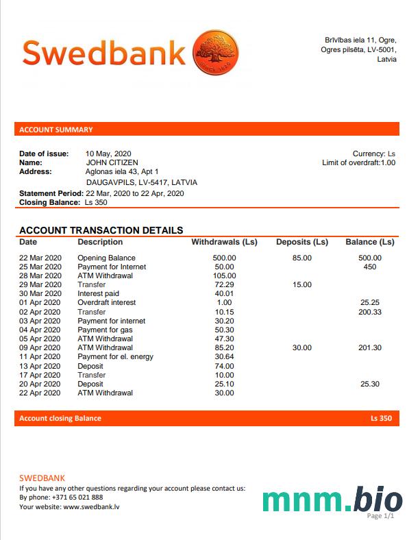 Łotwa Swedbank wyciąg bankowy łatwe do wypełnienia szablonu .xls i .format pliku pdf